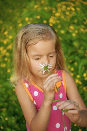 девочка нюхает цветок
